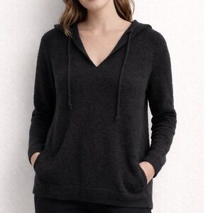 Rachel Zoe Black Boucle Knit Hoodie Sweater‎ V-Neck Cozy Pullover Women's M